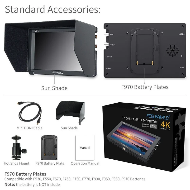 Moniteur de terrain FEELWORLD FW703 7 pouces 450 nits pour appareils photo reflex numériques, IPS, 3G-SDI, Full HD 1920 x 1200, 4K, HDMI