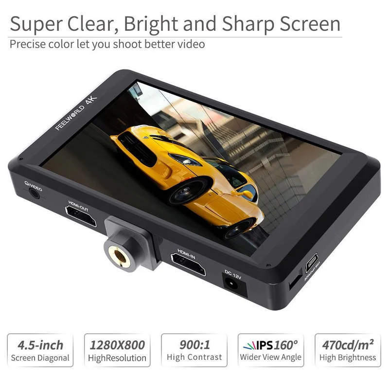 FEELWORLD FW450 4.5 Moniteur de terrain pour appareil photo reflex numérique de petite taille, full HD 1280x800 avec 4K HDMI In Out