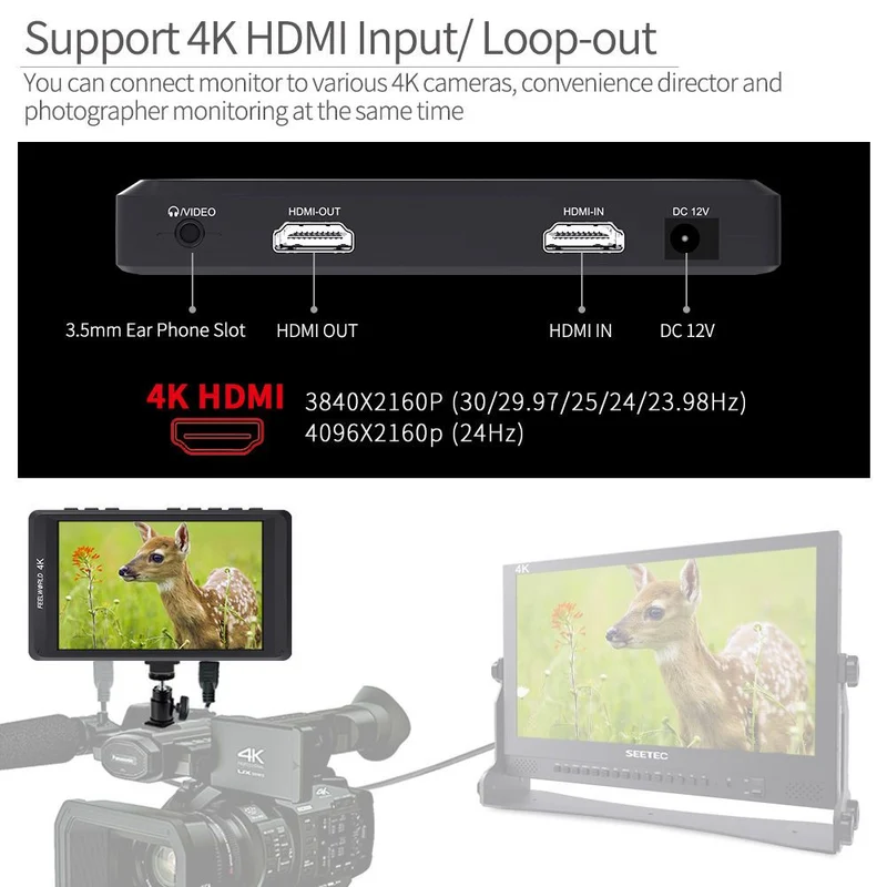 FEELWORLD FW450 4.5 Moniteur de terrain pour appareil photo reflex numérique de petite taille, full HD 1280x800 avec 4K HDMI In Out