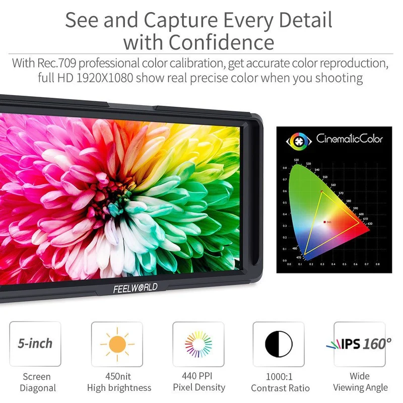 FEELWORLD F5 5 pouces DSNR HDMI 4K HDMI compacts sur moniteur de caméra Full HD Assistance de pointe 1920x1080 Sortie DC