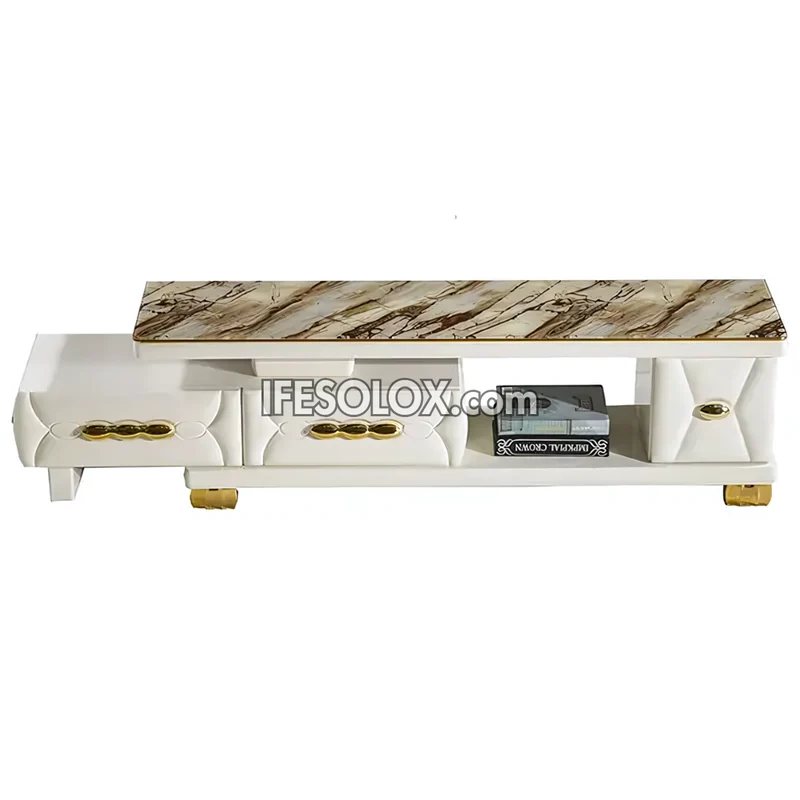 CHIDEC TVS008 Glossy White Triple Drawer Television Stand with Vintage Top Design