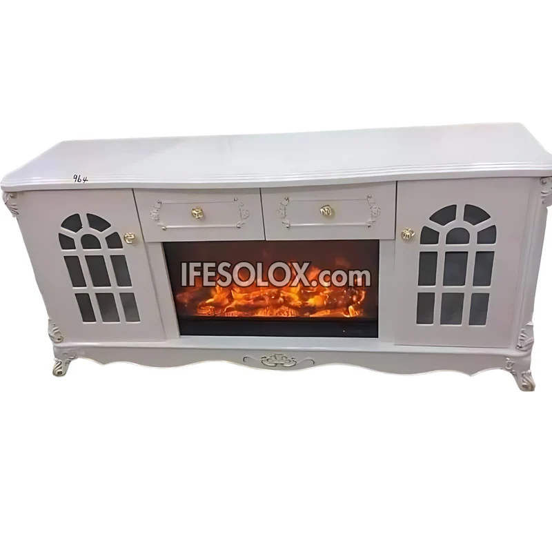 Premium FP007W Fireplace TV Stand with Window Designs and Drawers (White)