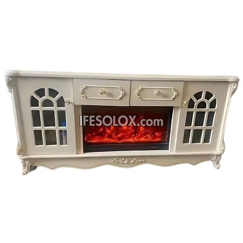 Premium FP007W Fireplace TV Stand with Window Designs and Drawers (White)