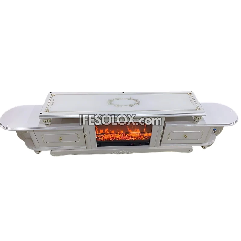 Premium FP006W Fireplace TV Stand with Double Table Top and Drawers (White)