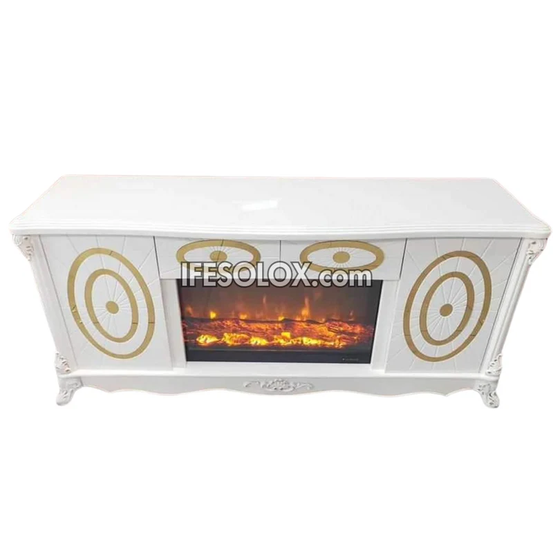 Premium FP005W Fireplace TV Stand with Double Round Outline and Drawers (White)