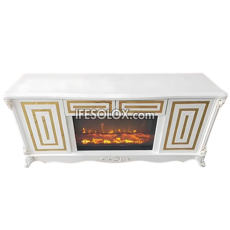 Premium FP004W Fireplace TV Stand with Double Square Outline and Drawers (White)