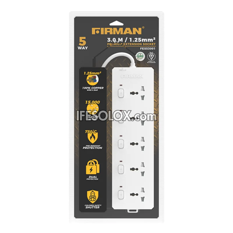 FIRMAN FES53001 5-Way Premium Extension Socket (3 Meters) - Brand New