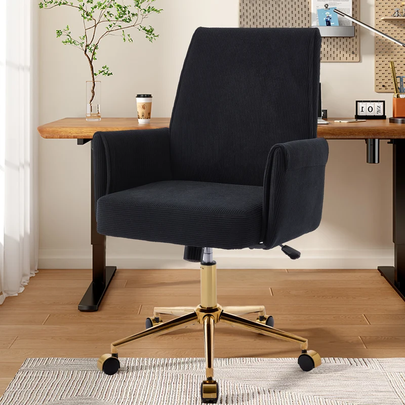 Z-EDGE Corduroy Office Desk Chair with Gold Base, with Wheels, Modern Height Adjustable 360 Degree Swivel Upholstered Chairs with Arms for Home Office