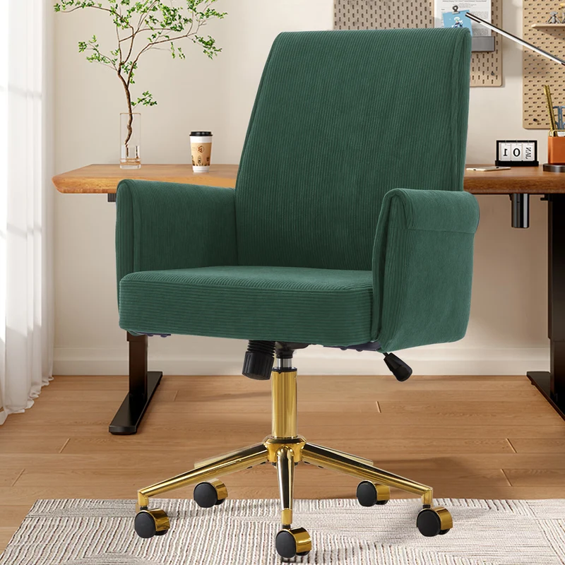 Z-EDGE Corduroy Office Desk Chair with Gold Base, with Wheels, Modern Height Adjustable 360 Degree Swivel Upholstered Chairs with Arms for Home Office