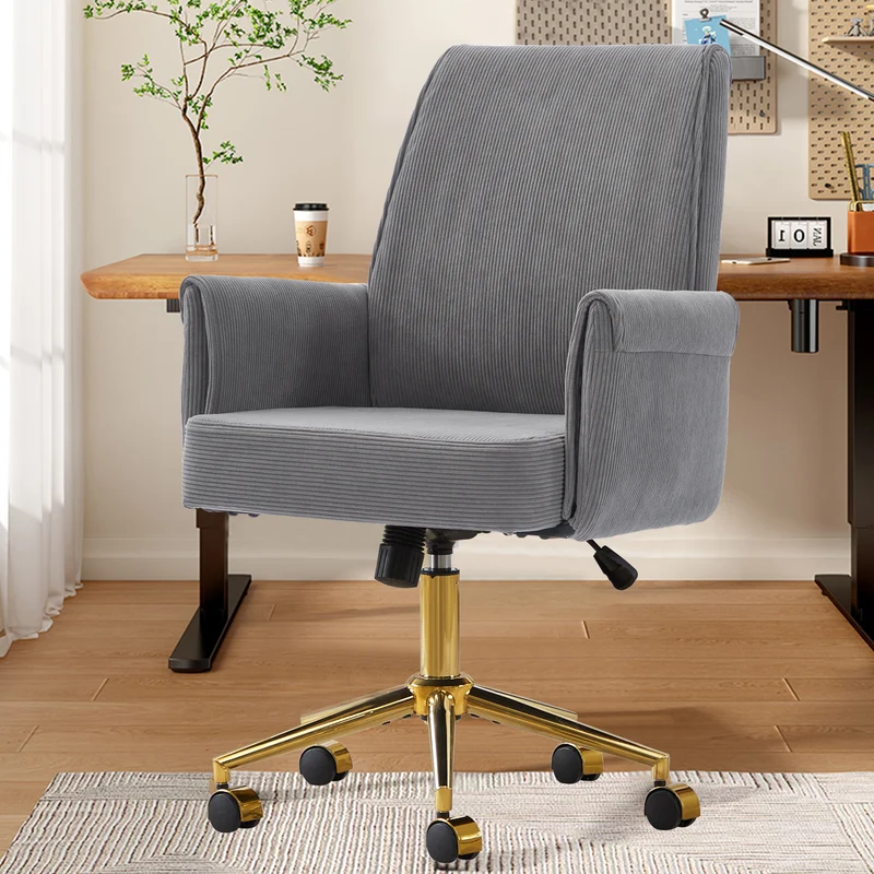Z-EDGE Corduroy Office Desk Chair with Gold Base, with Wheels, Modern Height Adjustable 360 Degree Swivel Upholstered Chairs with Arms for Home Office