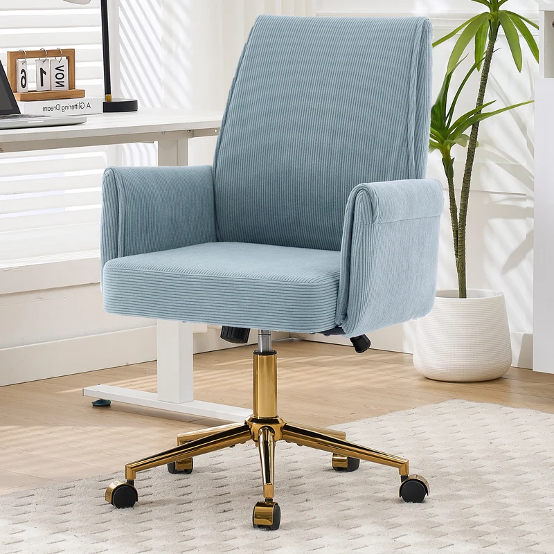 Z-EDGE Corduroy Office Desk Chair with Gold Base, with Wheels, Modern Height Adjustable 360 Degree Swivel Upholstered Chairs with Arms for Home Office