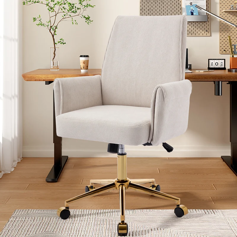 Z-EDGE Corduroy Office Desk Chair with Gold Base, with Wheels, Modern Height Adjustable 360 Degree Swivel Upholstered Chairs with Arms for Home Office