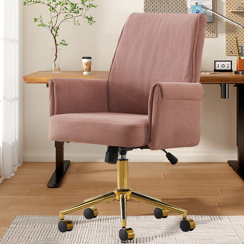 Z-EDGE Corduroy Office Desk Chair with Gold Base, with Wheels, Modern Height Adjustable 360 Degree Swivel Upholstered Chairs with Arms for Home Office