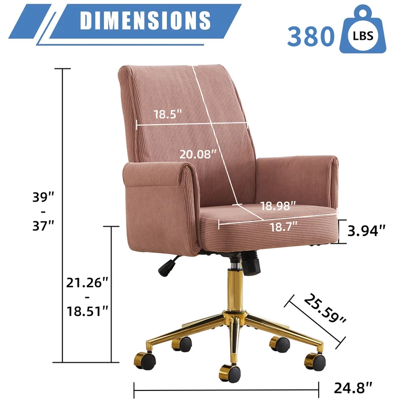 Z-EDGE Corduroy Office Desk Chair with Gold Base, with Wheels, Modern Height Adjustable 360 Degree Swivel Upholstered Chairs with Arms for Home Office