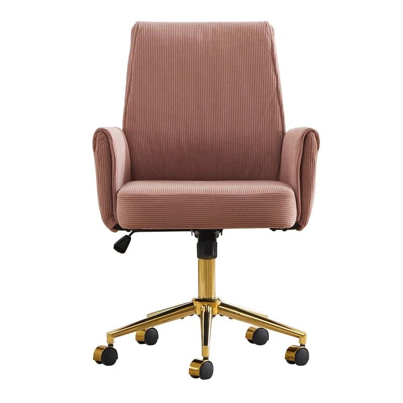 Z-EDGE Corduroy Office Desk Chair with Gold Base, with Wheels, Modern Height Adjustable 360 Degree Swivel Upholstered Chairs with Arms for Home Office