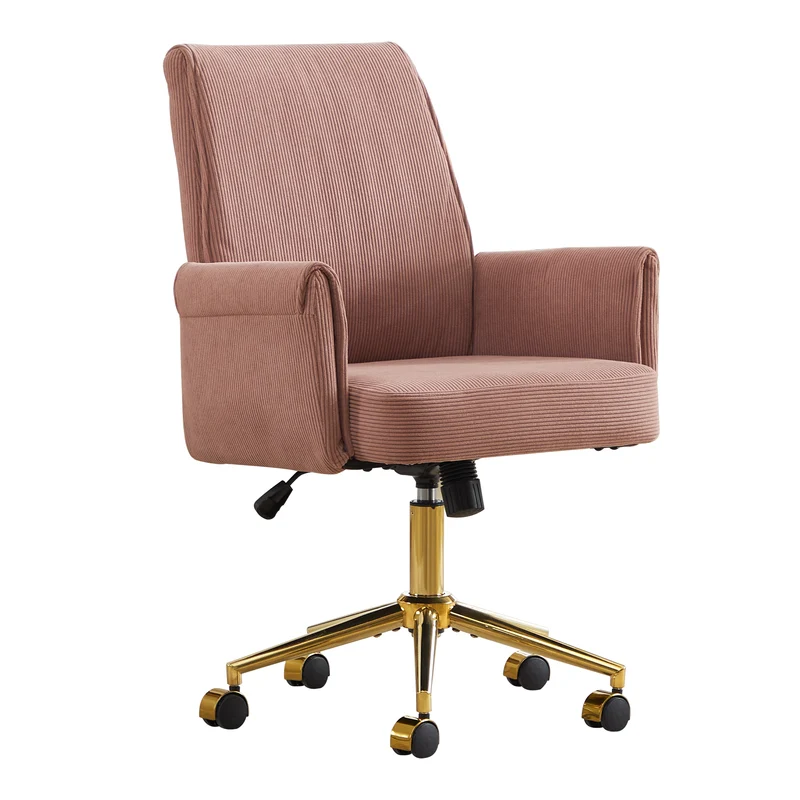 Z-EDGE Corduroy Office Desk Chair with Gold Base, with Wheels, Modern Height Adjustable 360 Degree Swivel Upholstered Chairs with Arms for Home Office