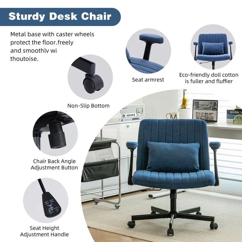 Z-EDGE Criss Cross Chair with Adjustable Flip-Up Arms, Wide Cross Legged Office with Wheels, Desk Chair Height Adjustable Swivel for Home Office