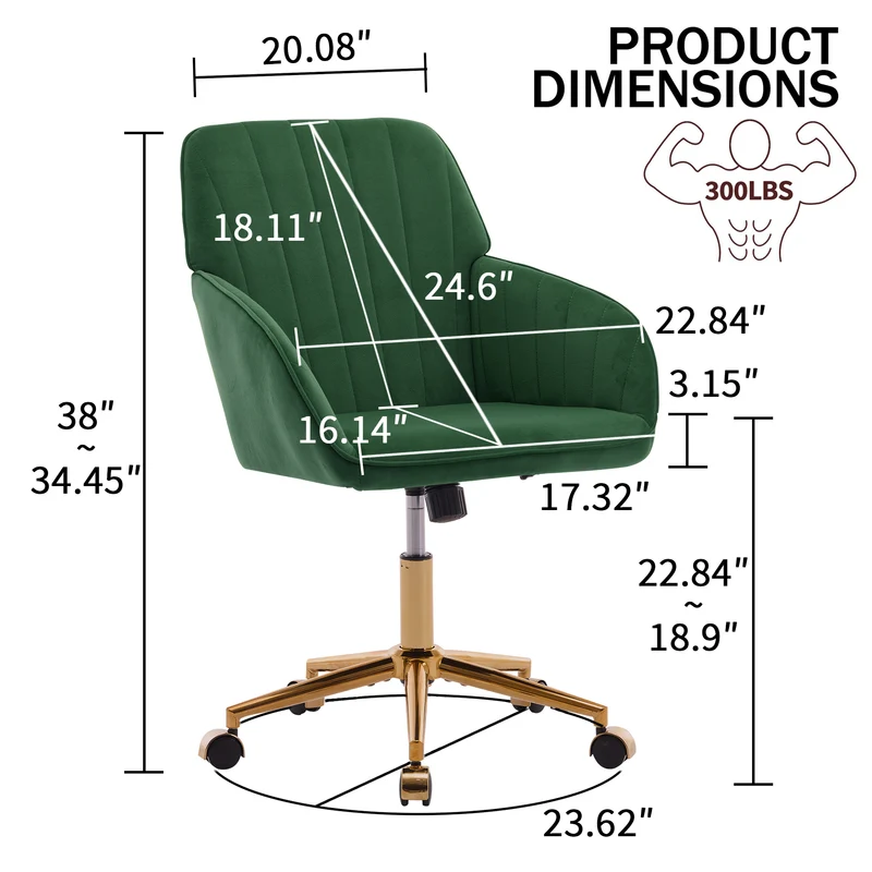 Z-EDGE Velvet Office Desk Chair, Upholstered Home Office Desk Chairs with Adjustable Swivel Wheels, Ergonomic Office Chair for Bedroom, Office