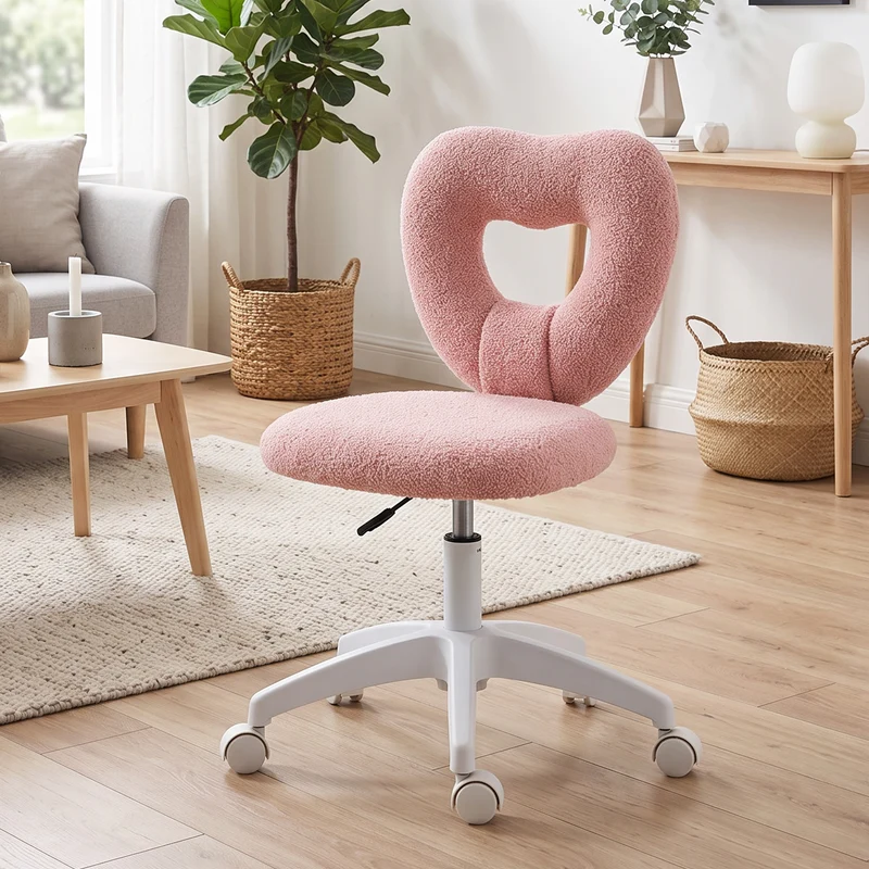 Z-EDGE Armless Home Office Cute Desk Chair, Height Adjustable Computer Task Chair, Modern Teddy Fleece Heart Makeup Chair with Swivel Wheels
