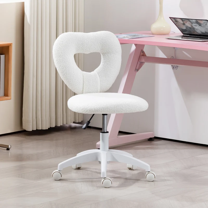 Z-EDGE Armless Home Office Cute Desk Chair, Height Adjustable Computer Task Chair, Modern Teddy Fleece Heart Makeup Chair with Swivel Wheels