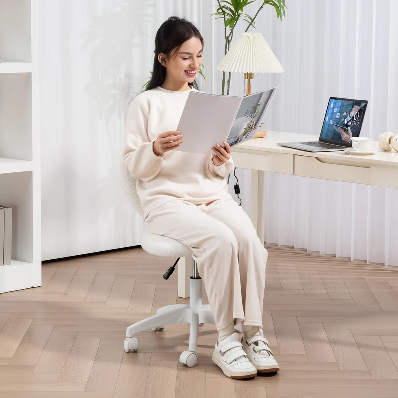 Z-EDGE Armless Home Office Cute Desk Chair, Height Adjustable Computer Task Chair, Modern Teddy Fleece Heart Makeup Chair with Swivel Wheels