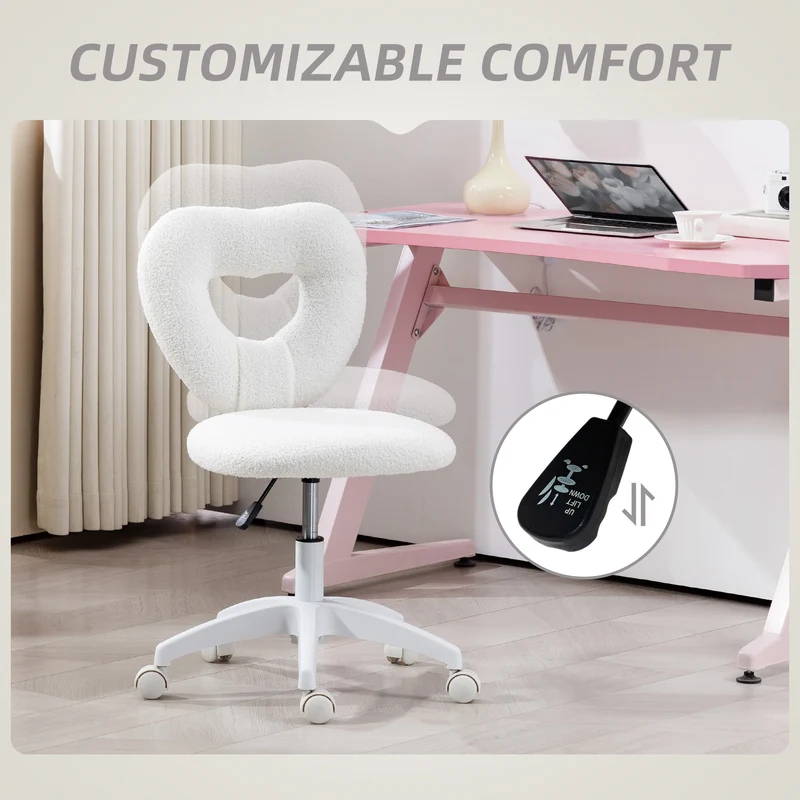 Z-EDGE Armless Home Office Cute Desk Chair, Height Adjustable Computer Task Chair, Modern Teddy Fleece Heart Makeup Chair with Swivel Wheels