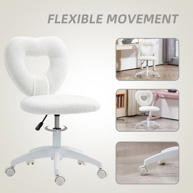 Z-EDGE Armless Home Office Cute Desk Chair, Height Adjustable Computer Task Chair, Modern Teddy Fleece Heart Makeup Chair with Swivel Wheels