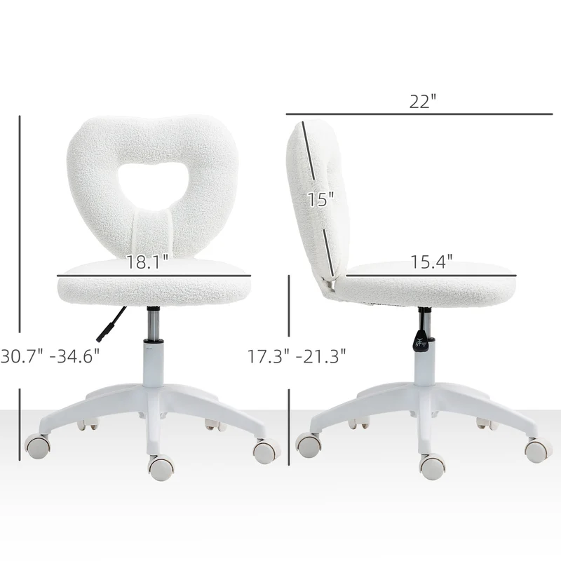 Z-EDGE Armless Home Office Cute Desk Chair, Height Adjustable Computer Task Chair, Modern Teddy Fleece Heart Makeup Chair with Swivel Wheels