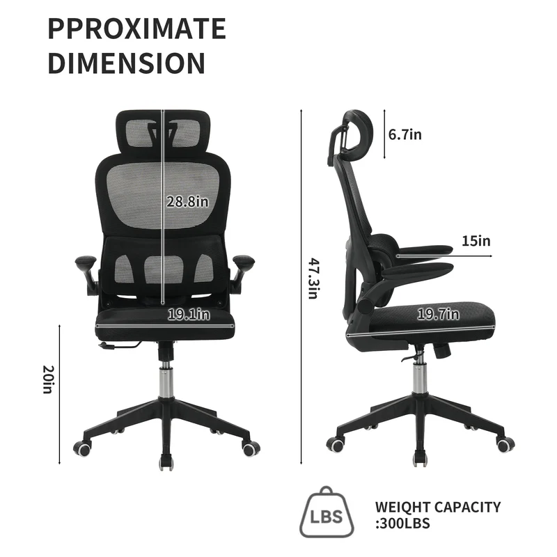 Z-EDGE Office Chair, Ergonomic Desk Chairs 300LBS Capacity High Back Mesh Computer Chair with Flip-up Armrests, Lumbar Support, Rolling Chair, Black