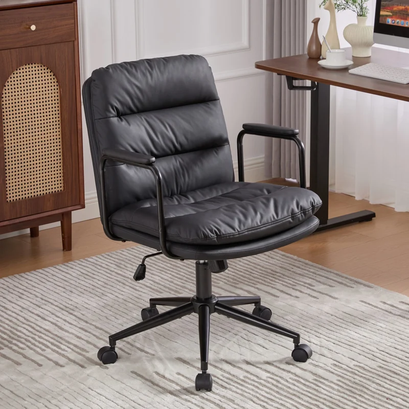 Z-EDGE Office Chair, Mid Back Home Office Desk Task Chair with Wheels and Arms, Ergonomic PU Leather Computer Rolling Swivel Chair for Bedroom