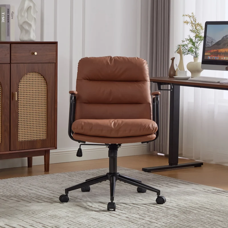 Z-EDGE Office Chair, Mid Back Home Office Desk Task Chair with Wheels and Arms, Ergonomic PU Leather Computer Rolling Swivel Chair for Bedroom