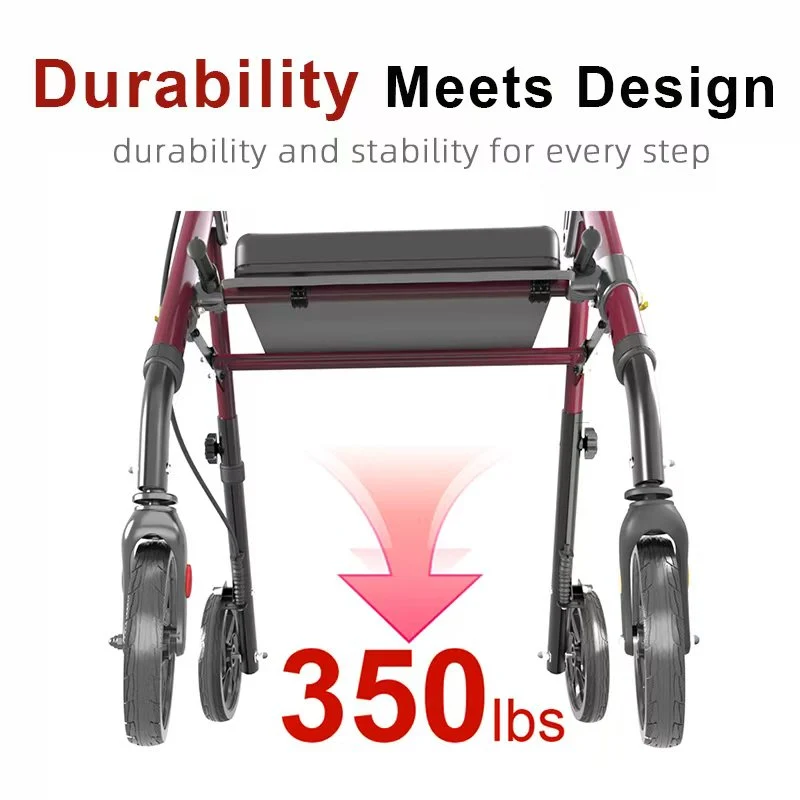 Z-EDGE Foldable Rollator Walkers with Seat for Seniors, 350 lb Capacity, 8'' Big Wheels, 6-Position Height, Aluminum Hybrid Rolling Walker, Red