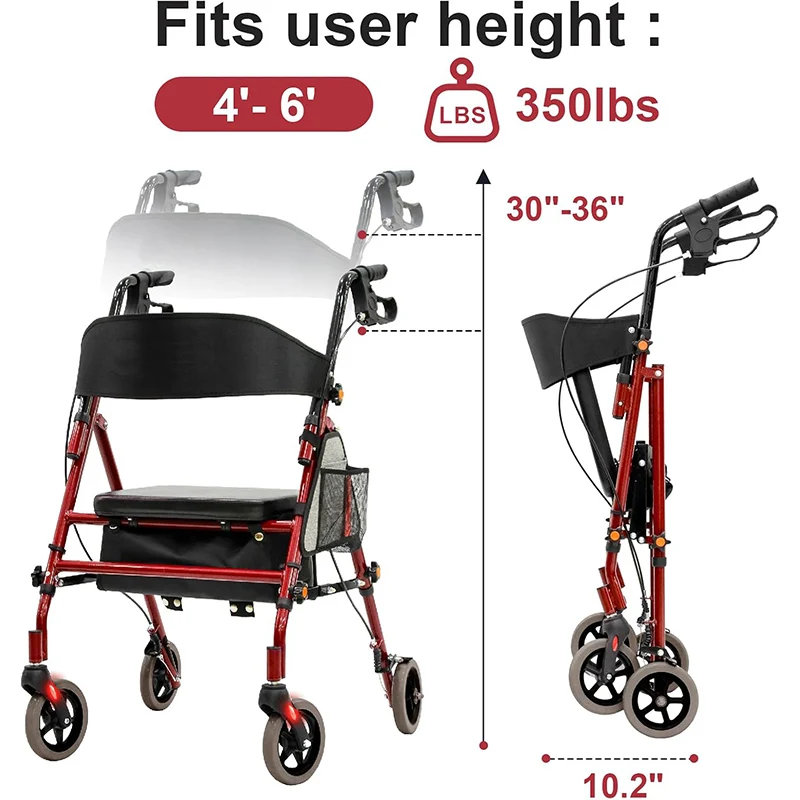 Z-EDGE Lightweight Foldable Rollator Walkers with Seat for Seniors, 350 lb Capacity, 5-Position Adjustable Height, Aluminum Rolling Walker, Red