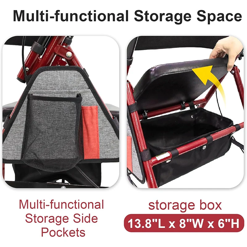 Z-EDGE Lightweight Foldable Rollator Walkers with Seat for Seniors, 350 lb Capacity, 5-Position Adjustable Height, Aluminum Rolling Walker, Red