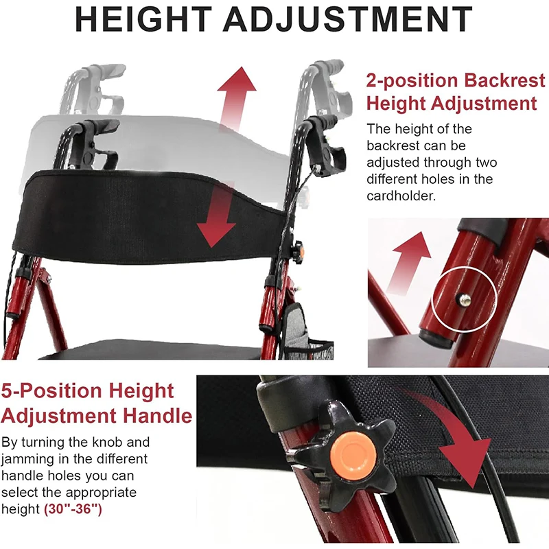 Z-EDGE Lightweight Foldable Rollator Walkers with Seat for Seniors, 350 lb Capacity, 5-Position Adjustable Height, Aluminum Rolling Walker, Red