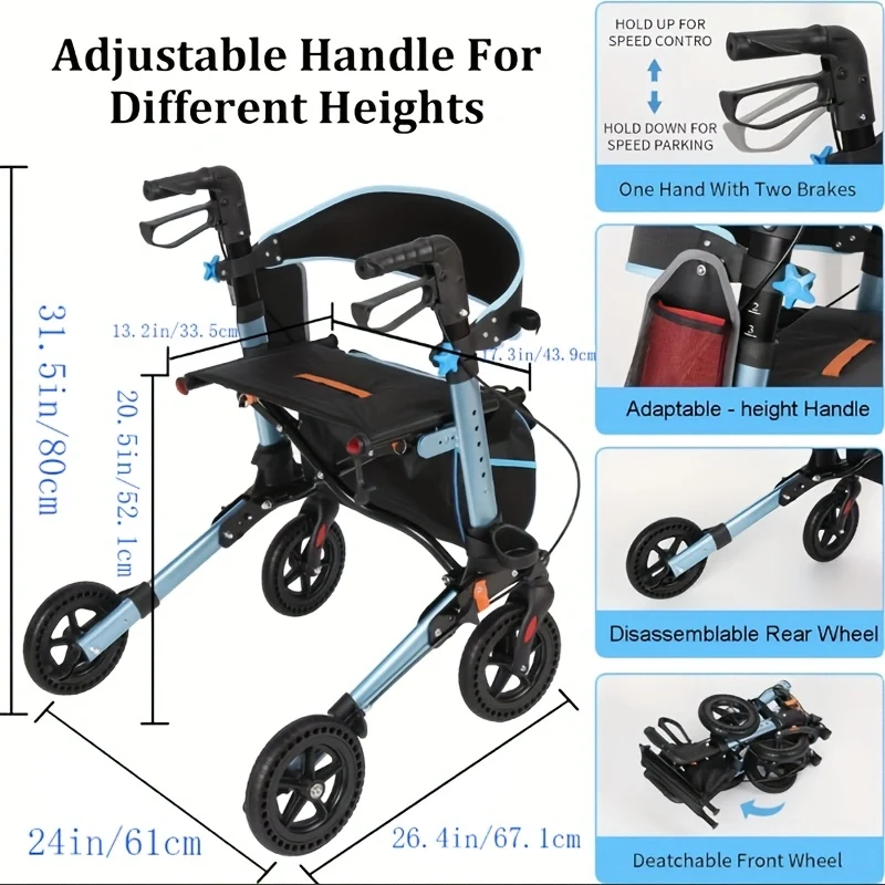 Z-EDGE Rollator Walker for Seniors, Lightweight Foldable All Terrain Rolling Walker with seat, Aluminum Walkers with 8 inch Rubber Wheels, Handles