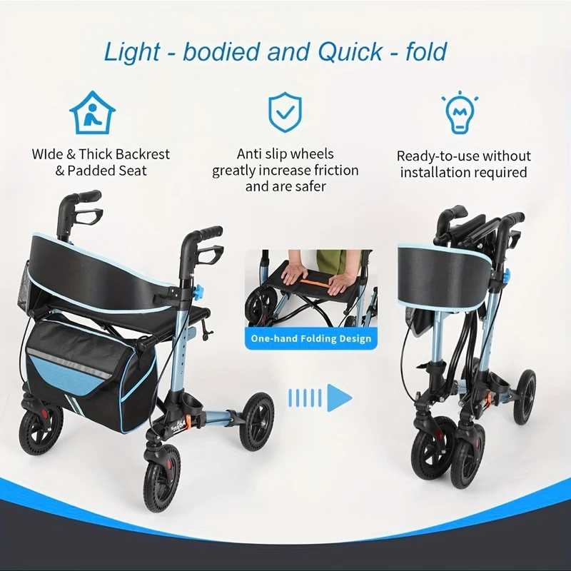 Z-EDGE Rollator Walker for Seniors, Lightweight Foldable All Terrain Rolling Walker with seat, Aluminum Walkers with 8 inch Rubber Wheels, Handles