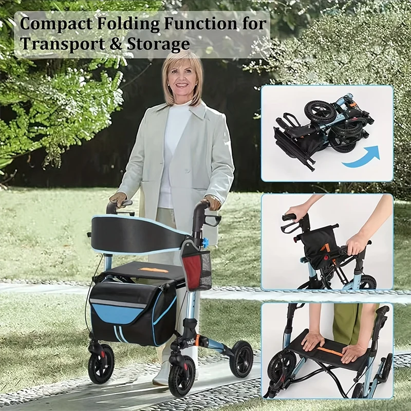 Z-EDGE Rollator Walker for Seniors, Lightweight Foldable All Terrain Rolling Walker with seat, Aluminum Walkers with 8 inch Rubber Wheels, Handles