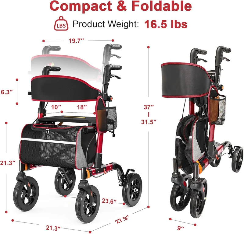 Z-EDGE Walkers for Seniors, Rollator Walker with Seat, 350 lb Weight Capacity, 18" Big Seat, 8" All-Terrain Wheels, 6-Level Adjustable Height, Red