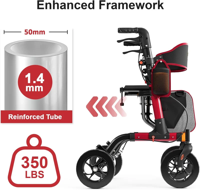 Z-EDGE Walkers for Seniors, Rollator Walker with Seat, 350 lb Weight Capacity, 18" Big Seat, 8" All-Terrain Wheels, 6-Level Adjustable Height, Red