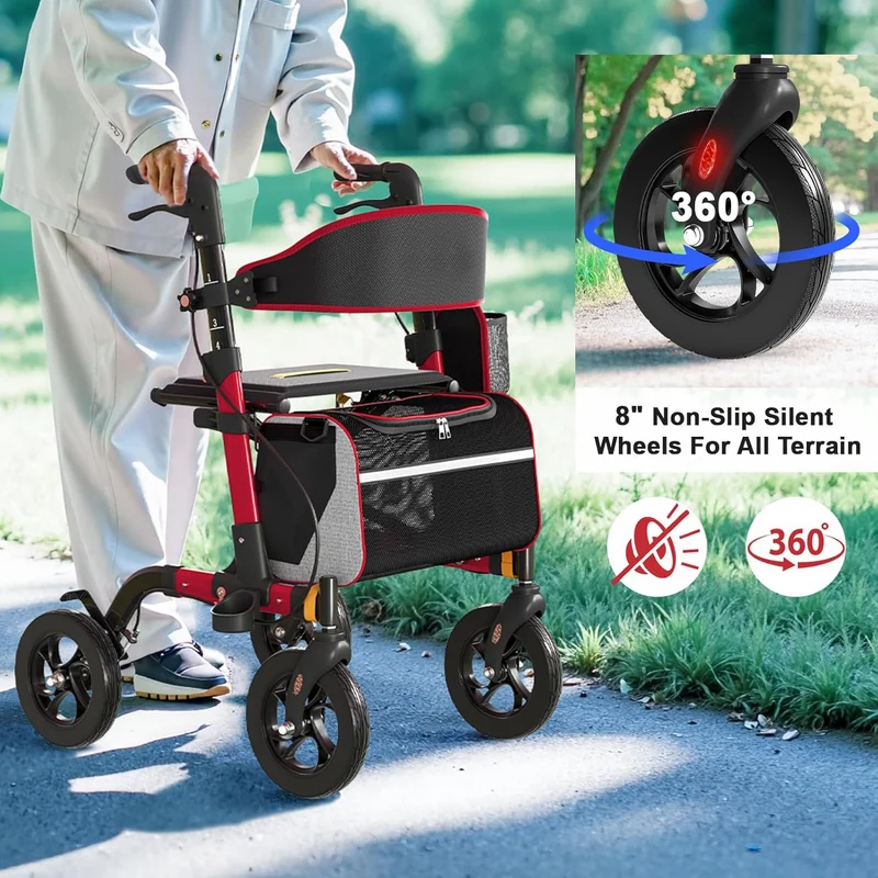 Z-EDGE Walkers for Seniors, Rollator Walker with Seat, 350 lb Weight Capacity, 18" Big Seat, 8" All-Terrain Wheels, 6-Level Adjustable Height, Red