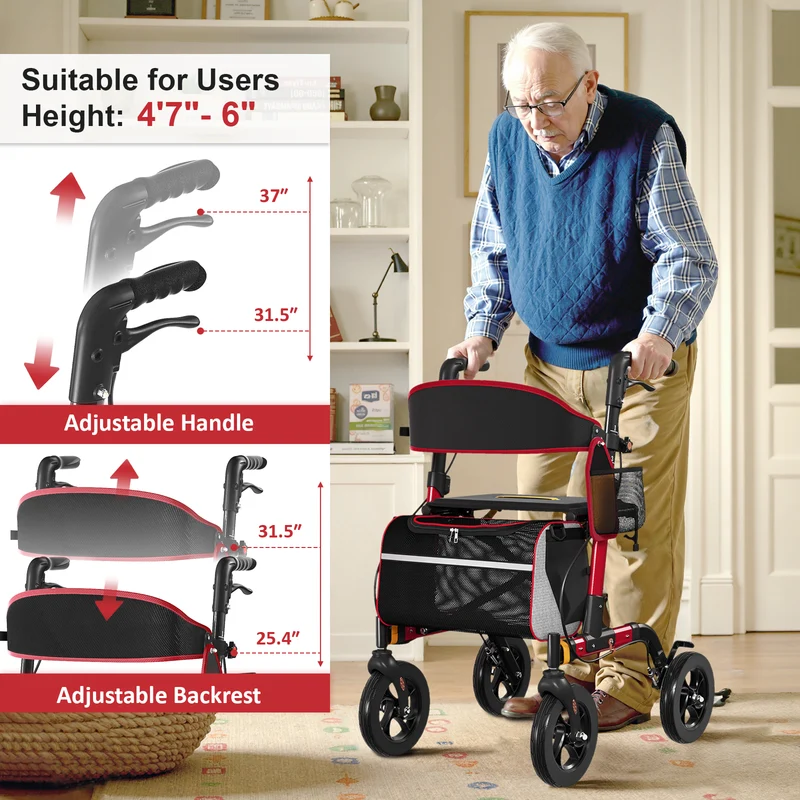Z-EDGE Walkers for Seniors, Rollator Walker with Seat, 350 lb Weight Capacity, 18" Big Seat, 8" All-Terrain Wheels, 6-Level Adjustable Height, Red