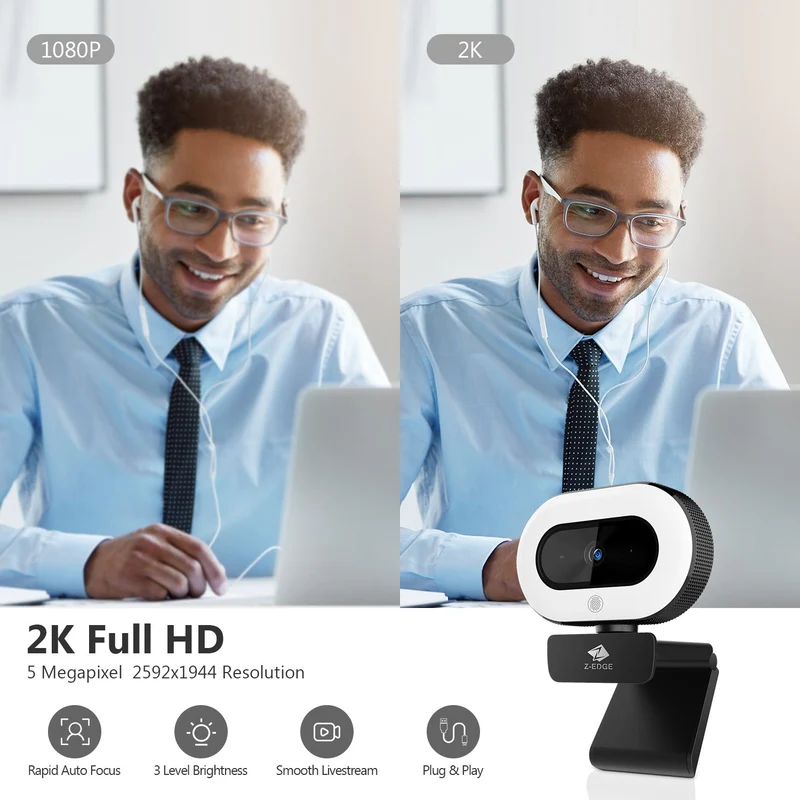 Z-EDGE ZW560S QHD 2K Stream Webcam Auto Focus Web Camera for PC/Desktop/Laptop, Built-in Stereo Sound & Noise Reduction Mic, Plug & Play, Touch Control Ring Light, Compatible with Windows/Android/Mac