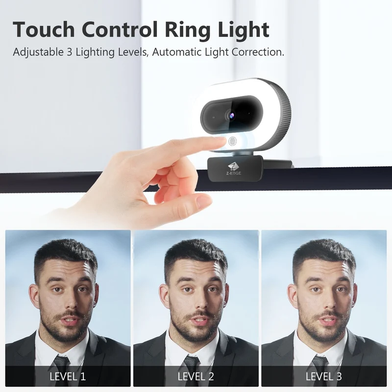 Z-EDGE ZW560S QHD 2K Stream Webcam Auto Focus Web Camera for PC/Desktop/Laptop, Built-in Stereo Sound & Noise Reduction Mic, Plug & Play, Touch Control Ring Light, Compatible with Windows/Android/Mac