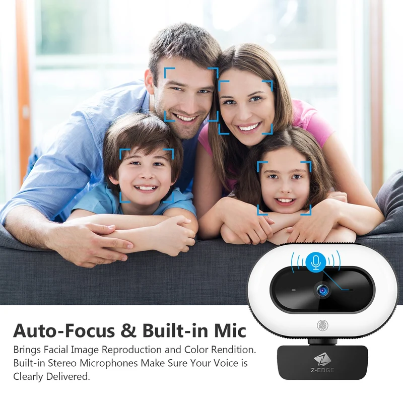 Z-EDGE ZW560S QHD 2K Stream Webcam Auto Focus Web Camera for PC/Desktop/Laptop, Built-in Stereo Sound & Noise Reduction Mic, Plug & Play, Touch Control Ring Light, Compatible with Windows/Android/Mac