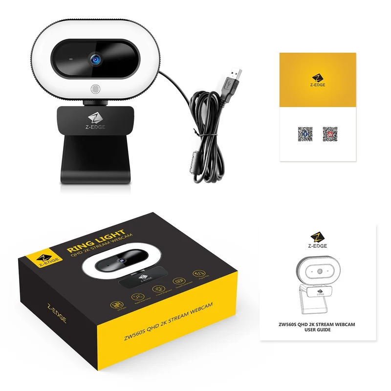 Z-EDGE ZW560S QHD 2K Stream Webcam Auto Focus Web Camera for PC/Desktop/Laptop, Built-in Stereo Sound & Noise Reduction Mic, Plug & Play, Touch Control Ring Light, Compatible with Windows/Android/Mac