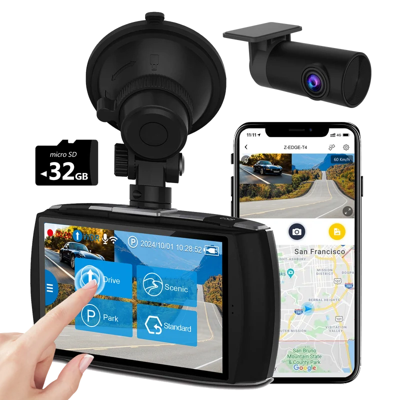 Z-EDGE T4 4" Touch Screen 4K Dual Dashcam (32GB MicroSD Card Included)