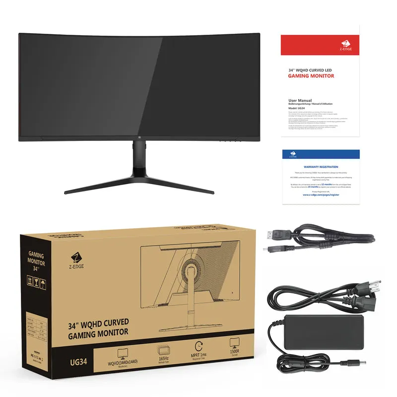 Z-Edge 34" Ultrawide 2K Curved Gaming Monitor with 165Hz Refresh Rate, 21:9 Aspect Ratio, 1ms MPRT, 3440x1440 Resolution, 1500R Curvature, VA Panel, 178 Viewing Angles,