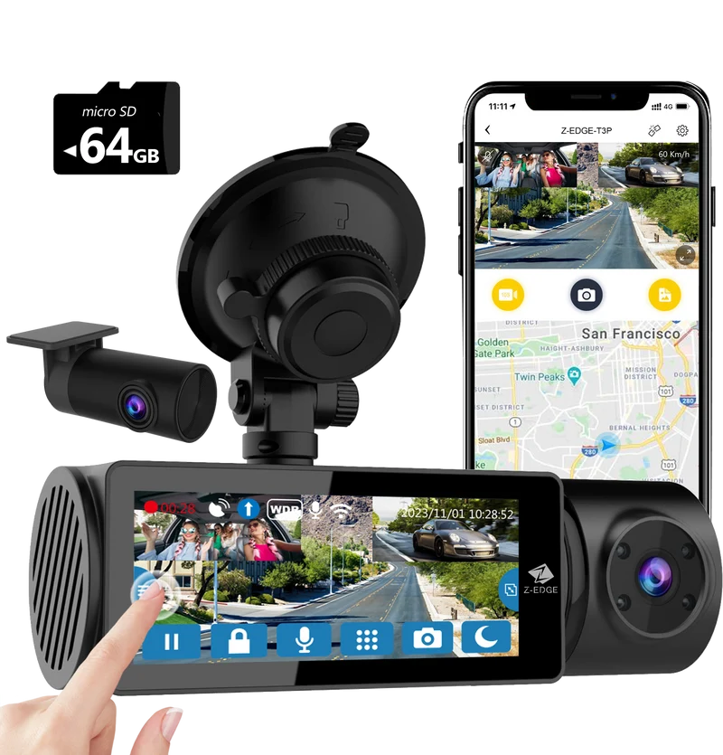 Z-EDGE T3P 3-Channel Touch Screen IR Night Vision & Super Capacitor 4K Dash Cam (64GB Card Included)