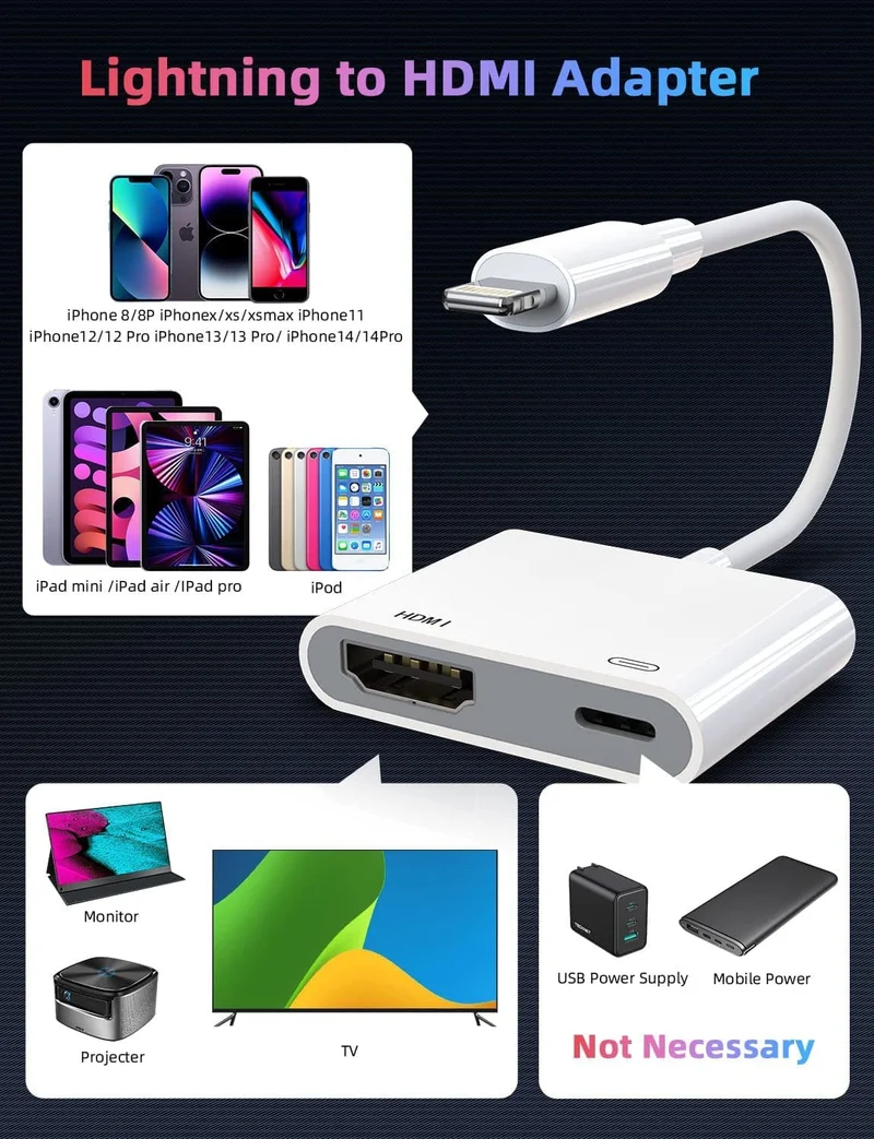 UAdapter - Écran de synchronisation de l'adaptateur Lightning vers HDMI pour iPhone, iPad, iPod